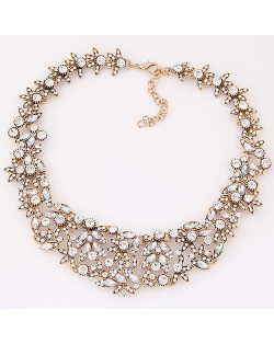 Luxurious Rhinestone Floral Cluster Design Statement Fashion Necklace - White