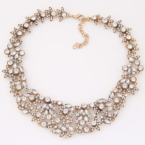 Luxurious Rhinestone Floral Cluster Design Statement Fashion Necklace - White