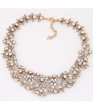 Luxurious Rhinestone Floral Cluster Design Statement Fashion Necklace - White