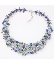 Luxurious Rhinestone Floral Cluster Design Statement Fashion Necklace - Blue