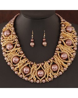 Pearls Inlaid Golden Metallic Weaving Wire Chain Statement Fashion Necklace and Earrings Set - Chocolate