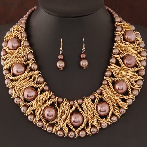 Pearls Inlaid Golden Metallic Weaving Wire Chain Statement Fashion Necklace and Earrings Set - Chocolate