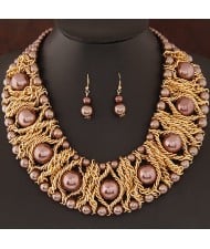 Pearls Inlaid Golden Metallic Weaving Wire Chain Statement Fashion Necklace and Earrings Set - Chocolate