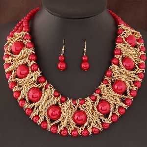 Pearls Inlaid Golden Metallic Weaving Wire Chain Statement Fashion Necklace and Earrings Set - Red