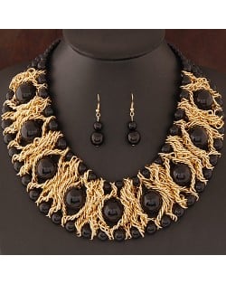 Pearls Inlaid Golden Metallic Weaving Wire Chain Statement Fashion Necklace and Earrings Set - Black