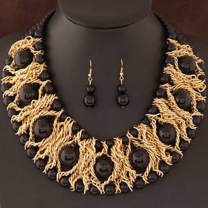 Pearls Inlaid Golden Metallic Weaving Wire Chain Statement Fashion Necklace and Earrings Set - Black