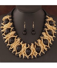 Pearls Inlaid Golden Metallic Weaving Wire Chain Statement Fashion Necklace and Earrings Set - Black
