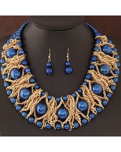 Pearls Inlaid Golden Metallic Weaving Wire Chain Statement Fashion Necklace and Earrings Set - Blue