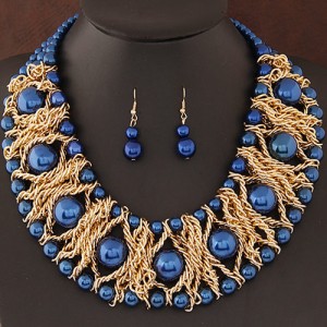 Pearls Inlaid Golden Metallic Weaving Wire Chain Statement Fashion Necklace and Earrings Set - Blue