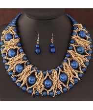 Pearls Inlaid Golden Metallic Weaving Wire Chain Statement Fashion Necklace and Earrings Set - Blue