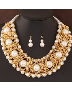 Pearls Inlaid Golden Metallic Weaving Wire Chain Statement Fashion Necklace and Earrings Set - White