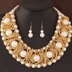 Pearls Inlaid Golden Metallic Weaving Wire Chain Statement Fashion Necklace and Earrings Set - White