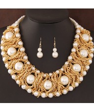 Pearls Inlaid Golden Metallic Weaving Wire Chain Statement Fashion Necklace and Earrings Set - White