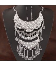Resin Gems Inlaid Triple Layers Arch Pendants with Tassel Design Fashion Necklace and Earrings Set - Silver