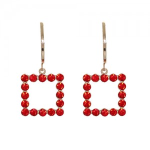 Simple Classic Design Rhinestone Inlaid Square Pendant Dangle Earrings - Red