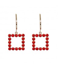 Simple Classic Design Rhinestone Inlaid Square Pendant Dangle Earrings - Red