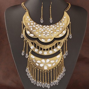 Resin Gems Inlaid Triple Layers Arch Pendants with Tassel Design Fashion Necklace and Earrings Set - Copper