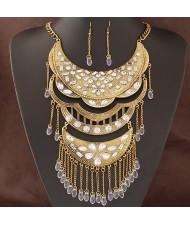 Resin Gems Inlaid Triple Layers Arch Pendants with Tassel Design Fashion Necklace and Earrings Set - Copper