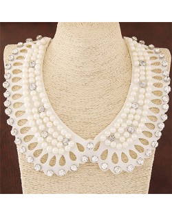 Rhinestone and Pearl Embellished Hollow Fashion Cloth Costume Necklace - White