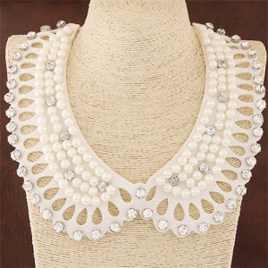 Rhinestone and Pearl Embellished Hollow Fashion Cloth Costume Necklace - White