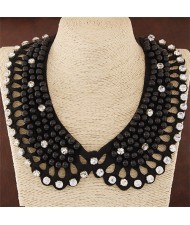 Rhinestone and Pearl Embellished Hollow Fashion Cloth Costume Necklace - Black