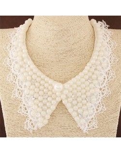 Pearls Inlaid Lace Fake Collar Design Fashion Necklace - White