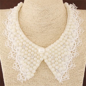 Pearls Inlaid Lace Fake Collar Design Fashion Necklace - White
