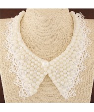 Pearls Inlaid Lace Fake Collar Design Fashion Necklace - White