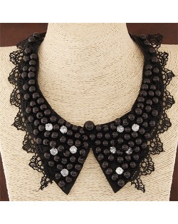Pearls Inlaid Lace Fake Collar Design Fashion Necklace - Black