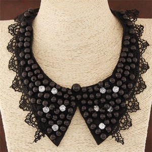 Pearls Inlaid Lace Fake Collar Design Fashion Necklace - Black