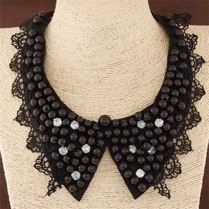 Pearls Inlaid Lace Fake Collar Design Fashion Necklace - Black