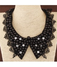 Pearls Inlaid Lace Fake Collar Design Fashion Necklace - Black