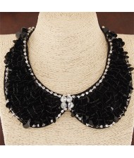 Black Sequins and White Rhinestones Decorated Fake Collar Statement Fashion Necklace