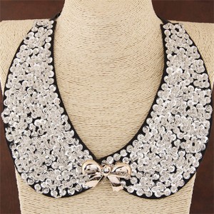 Beads Attached with Bowknot Decorated Fake Collar Statement Fashion Necklace - Black