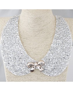 Beads Attached with Bowknot Decorated Fake Collar Statement Fashion Necklace - White
