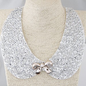 Beads Attached with Bowknot Decorated Fake Collar Statement Fashion Necklace - White