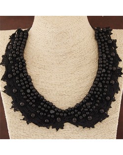 Black Pearls and Rhinestones Attached Lace Cloth Fake Collar Fashion Necklace
