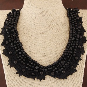 Black Pearls and Rhinestones Attached Lace Cloth Fake Collar Fashion Necklace