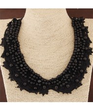 Black Pearls and Rhinestones Attached Lace Cloth Fake Collar Fashion Necklace