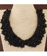 Black Pearls and Rhinestones Attached Lace Cloth Fake Collar Fashion Necklace