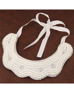 Graceful Pearls and Rhinestone Fake Collar White Ribbon Fashion Necklace