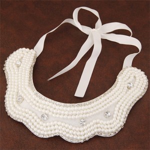 Graceful Pearls and Rhinestone Fake Collar White Ribbon Fashion Necklace