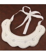 Graceful Pearls and Rhinestone Fake Collar White Ribbon Fashion Necklace