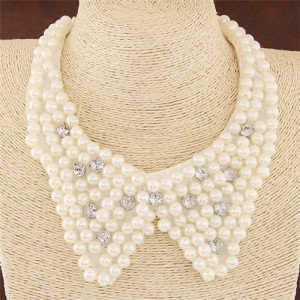 White Pearls and Rhinestone Fake Collar Design Statement Fashion Necklace