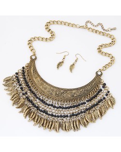 Vintage Floral Arch and Black Beads with Metallic Leaves Pendant Design Fashion Necklace and Earrings Set - Copper