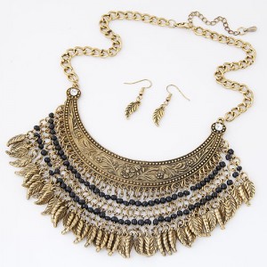 Vintage Floral Arch and Black Beads with Metallic Leaves Pendant Design Fashion Necklace and Earrings Set - Copper