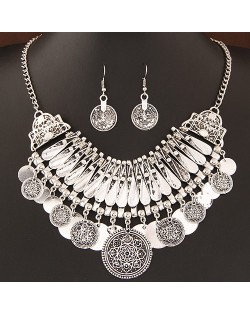 Vintage Floral Pattern Round Plates Pendant with Bars Combined Arch Design Fashion Necklace and Earrings Set - Silver
