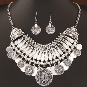 Vintage Floral Pattern Round Plates Pendant with Bars Combined Arch Design Fashion Necklace and Earrings Set - Silver