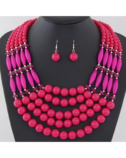 Bohemian Fashion Multiple Layers Beads Design Elastic Fashion Necklace and Earrings Set - Rose