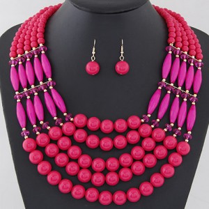 Bohemian Fashion Multiple Layers Beads Design Elastic Fashion Necklace and Earrings Set - Rose